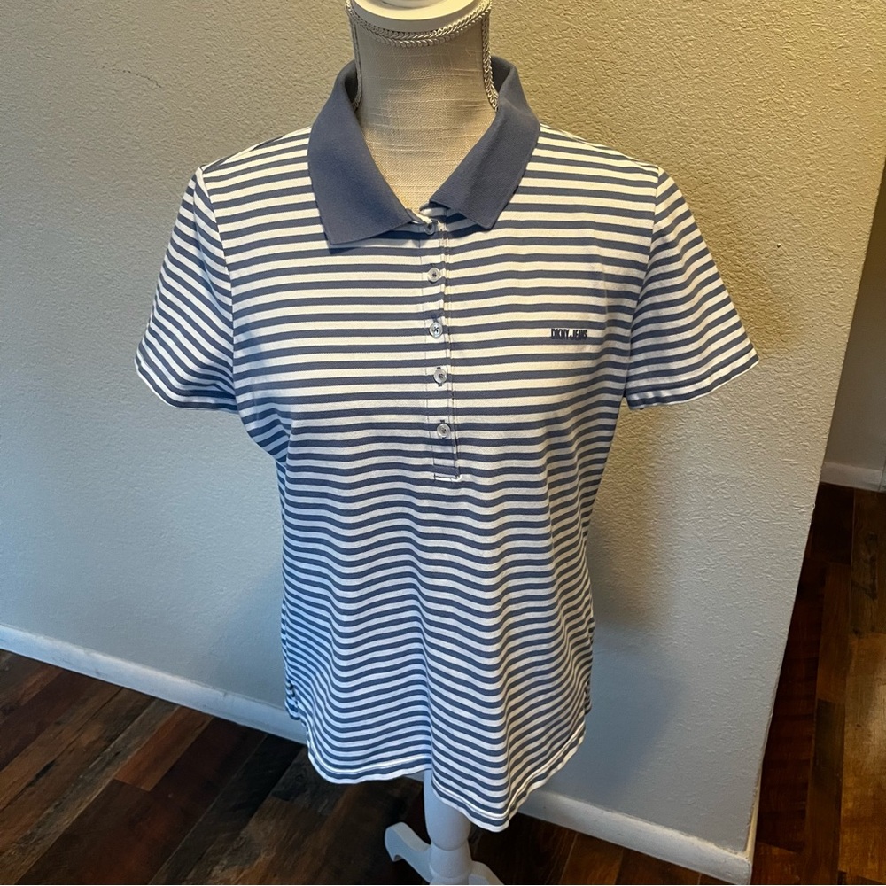 DKNY - Striped Polo Shirt - Blue and White - Size Large